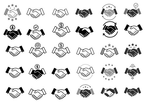 Creative handshake icon set represents business agreements and collaborations with unique, engaging designs.