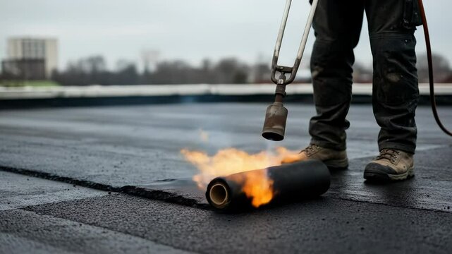 Roofer sealing flat roof with bitumen roll and propane torch, applying hot asphalt to ensure waterproof layer.