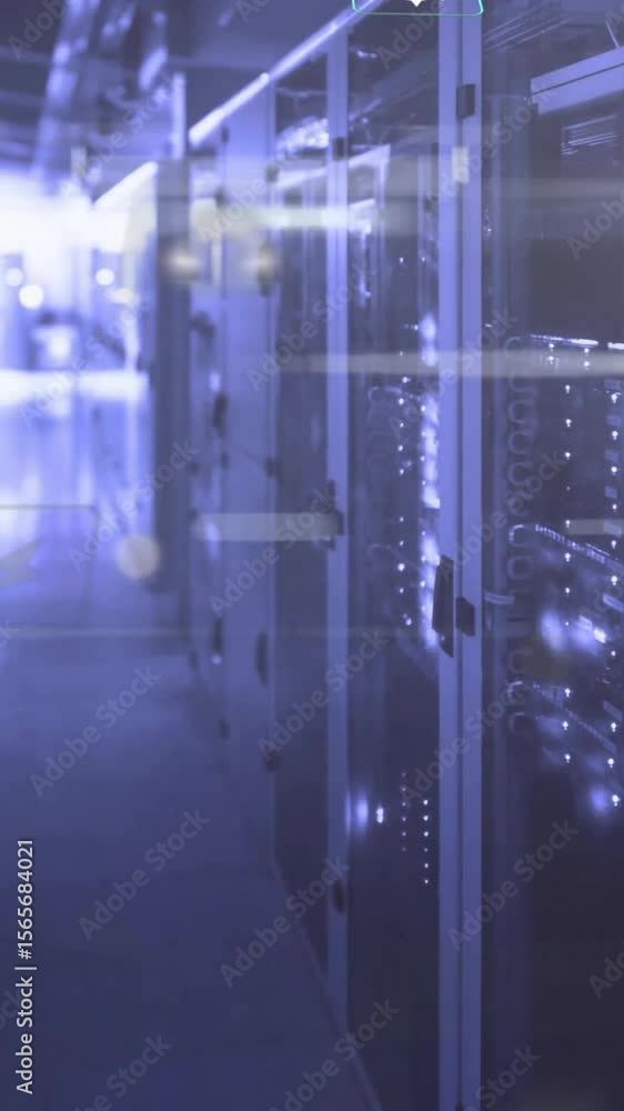Poster animation of eco icons and digital data processing over computer servers