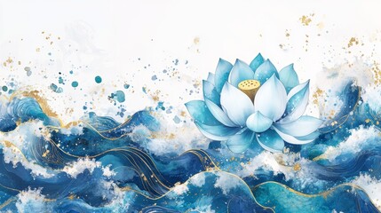 The painting is serene, depicting a white lotus floating gently on calm blue waters with an ethereal background
