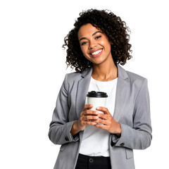Happy African American businesswoman holding disposable coffee cup smiling on isolated transparent background.