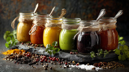 Assorted Sauces in Small Jars on Rustic Background with Spices