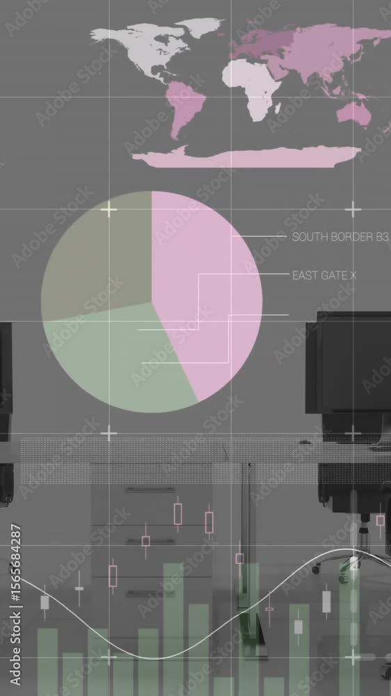Poster animation of financial data processing over desks with computers on white background