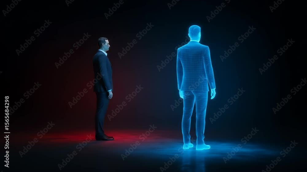 Poster future concept: a businessman facing a holographic counterpart representing ai or a digital twin, ex
