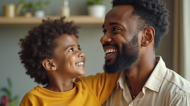 Afro father and son: Morning routine and school prep Muslim business. Authentic Arabian style.
