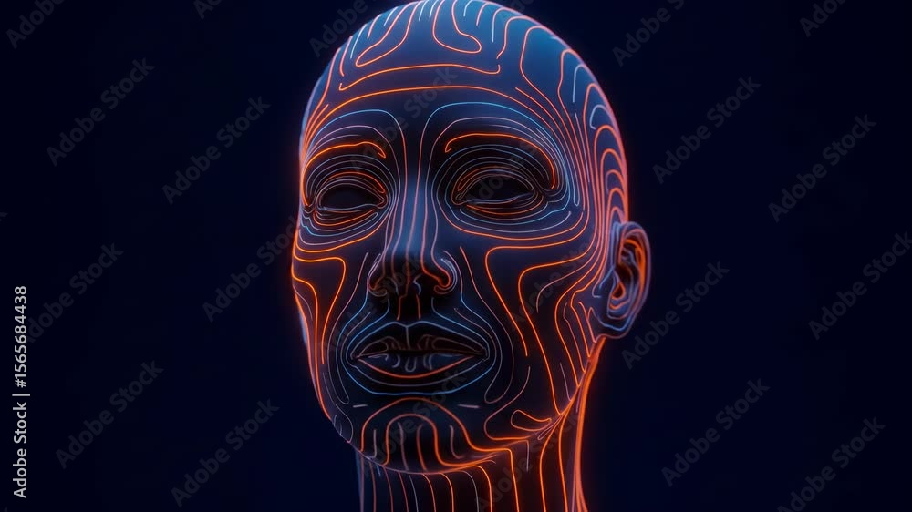 Poster conceptual ai face of a humanoid with glowing contours of technology and the human mind in abstract 