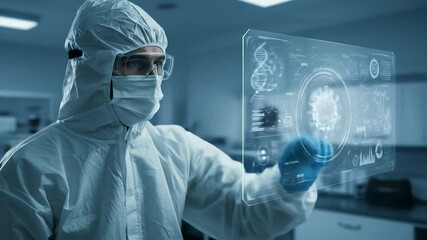 Virus Research: A Scientist in Protective Suit Analyzes Digital Coronavirus Data in Laboratory - Powered by Adobe