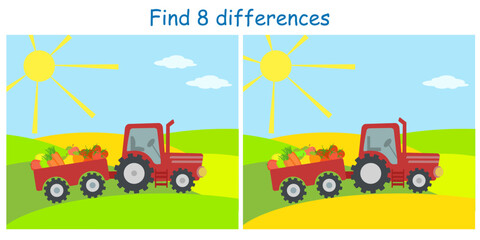 Logical puzzle game. Find 8 differences in pictures with a rural landscape and a red tractor transporting crops on a cart. Vector illustration for children's development.