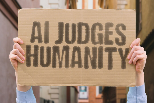 AI Judges Humanity: Robotic figures in judicial robes presiding over courtrooms, ushering in an era of automated legal proceedings. ROBOTIC. FIGURES. JUDICIAL. ROBES. PRESIDING. COURTROOMS. AUTOMATED
