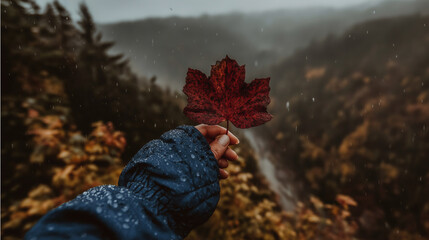 Hand Holding an Autumn Leaf in the Colorful Forest