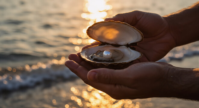 Celebrate National Oyster Day with this Precious Pearl Discovery from the Ocean Shoreline at Sunset - Powered by Adobe