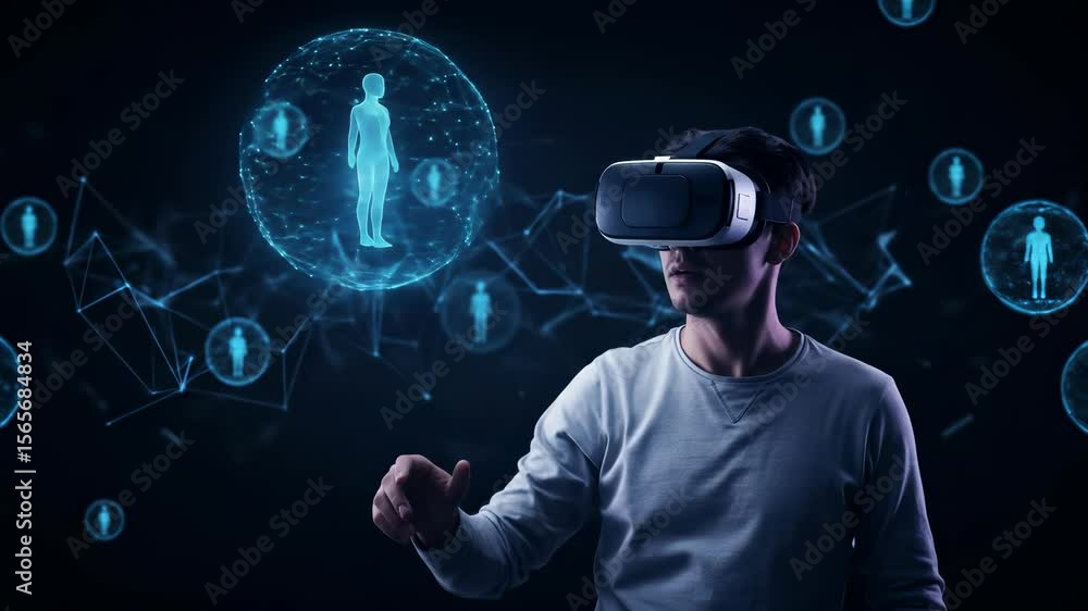 Poster immersive vr network: man in his 20s using vr headset explores virtual avatars and global digital co