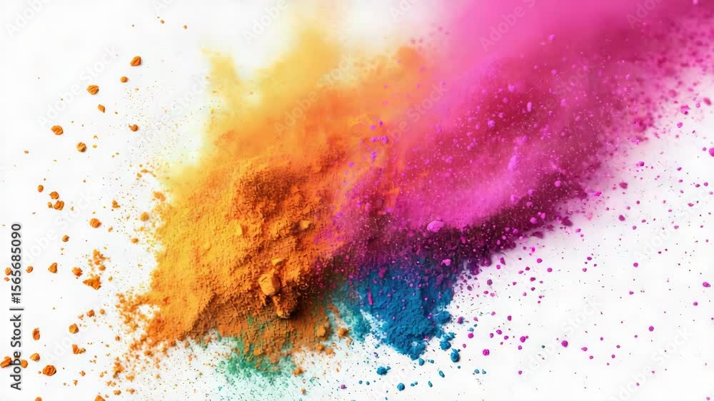 Poster vividly colored powders with a spectrum of colors and confetti-like particles creating an explosive 