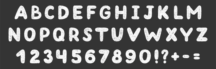Crayon alphabet and number doodle set. Chalk pencil font with kid letters in sketch style. Hand drawn vector illustration isolated on black background