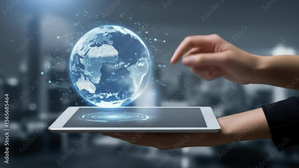 Poster global technology innovation: woman uses tablet connecting to earth's network in a futuristic displa