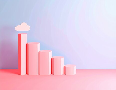 Pink bar graph descending in front of a blue and pink background with a cloud above the tallest bar.