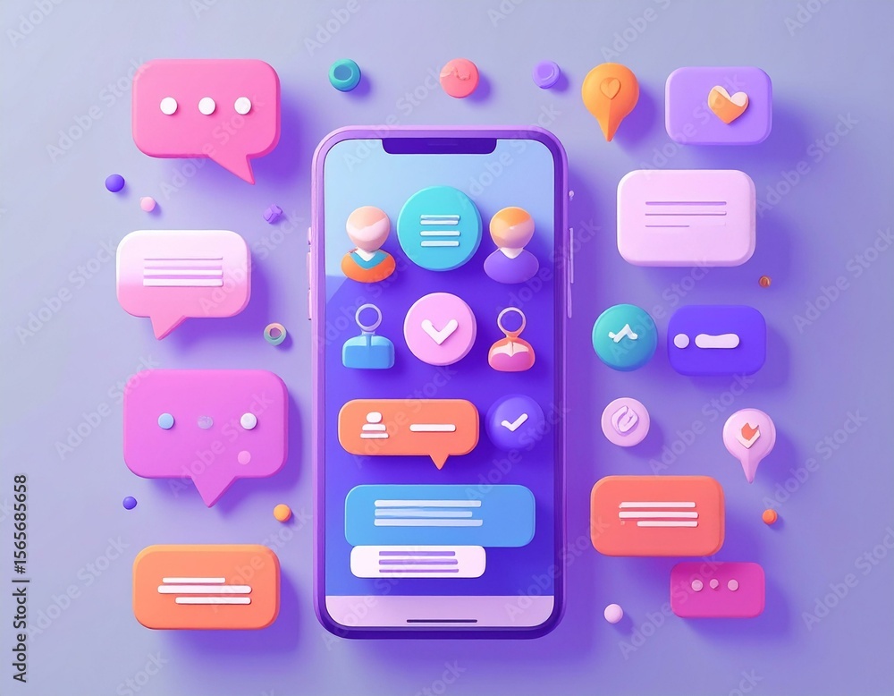 Fototapete a stylized smartphone surrounded by colorful chat bubbles and interface elements, representing digit