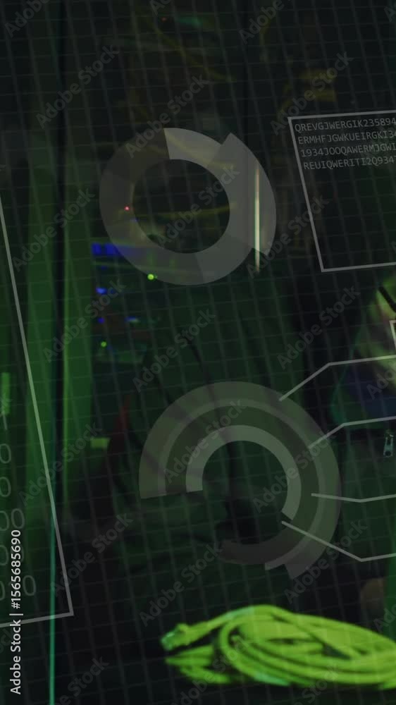 Poster animation of data processing and diagrams over asian male hacker in server room