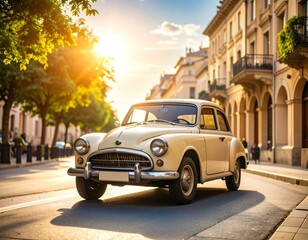 Naklejka premium A vintage cream-colored car is parked on a city street with trees and buildings under a bright sunny sky.