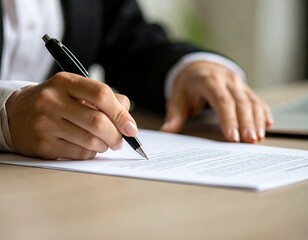 Close-up of hands signing a document with a pen on a desk.