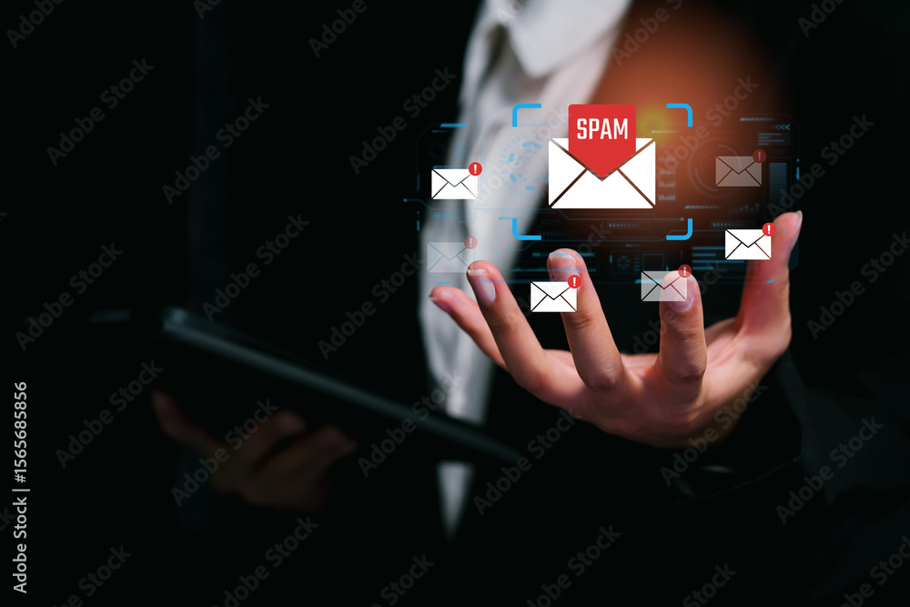 Poster businessperson analyzing digital spam emails with floating notification icons in modern office setti