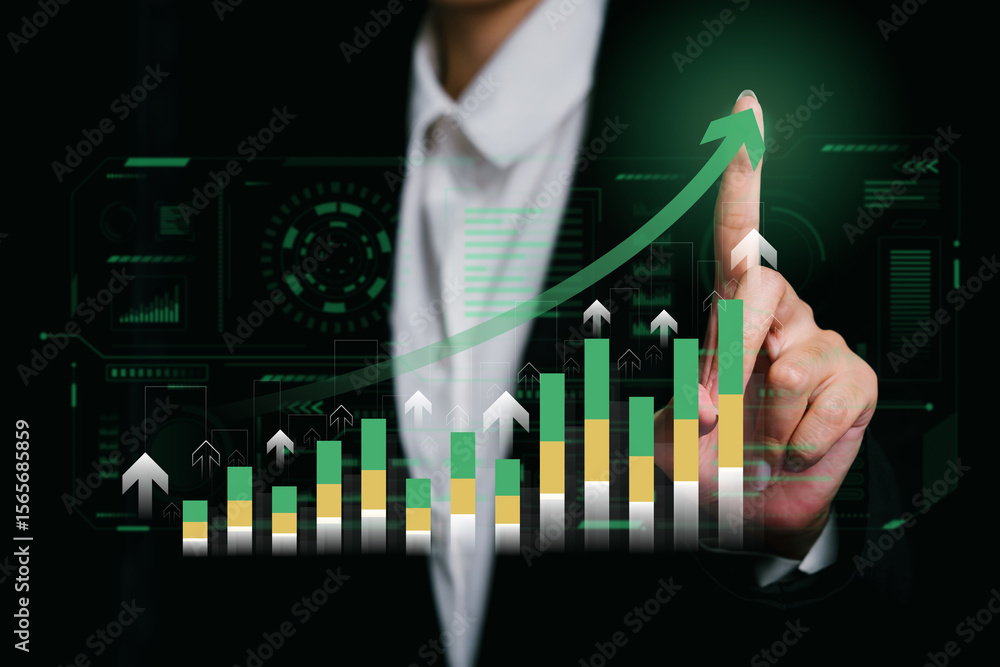 Poster business professional analyzing growth chart with arrow and digital data visualization in modern off