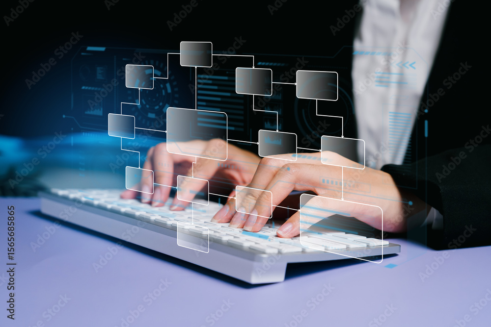 Poster professional person typing on a keyboard with digital flowchart overlay in a modern office setting