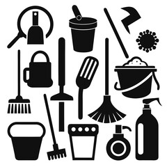 Perfect Vector Collection Of Cleaning Tools Silhouettes For Use Graphics Websites And Apps Designs On White Background