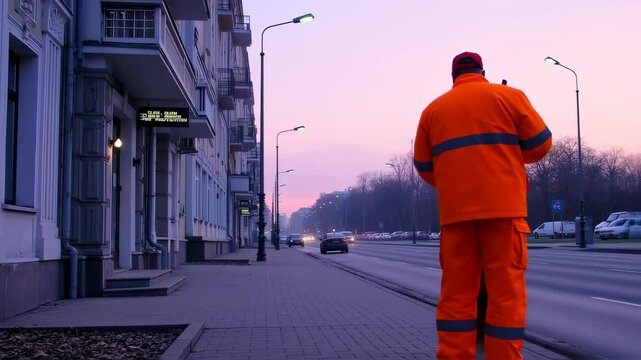 Early Morning City Cleaning: A Street Sweeper's Dedication at Sunrise Urban Scenery