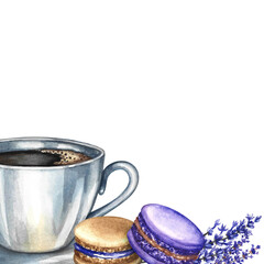 Border frame with a picture of a cup of coffee, almond cookies, and lavender. Hand-drawn watercolor illustration. French cuisine. For packaging, postcards, and labels, banners, flyers, menus, posters.