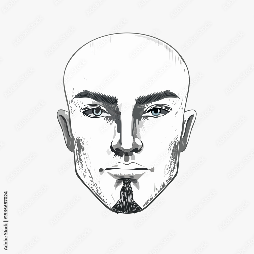 Poster bold vector portrait of a bald man with intense deep-set eyes, done in a single continuous line on w