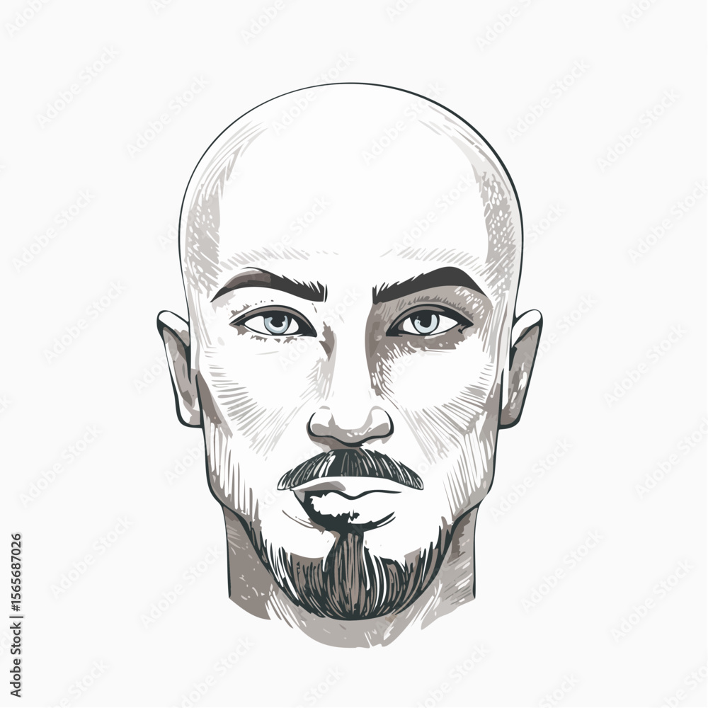 Poster bold vector portrait of a bald man with intense deep-set eyes, done in a single continuous line on w