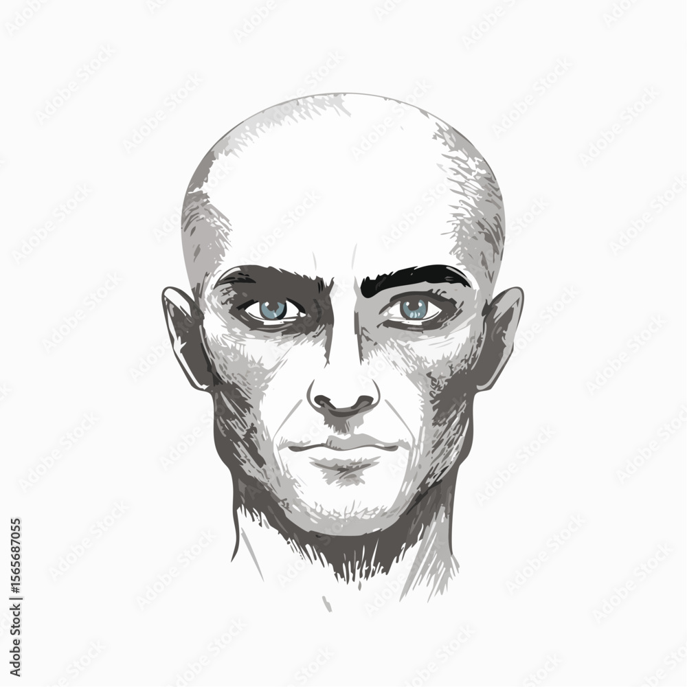 Aufkleber bold vector portrait of a bald man with intense deep-set eyes, done in a single continuous line on w