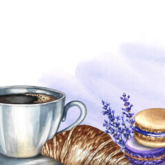 Frame with a picture of a cup of coffee, almond cookies, and croissants. Hand-drawn watercolor illustration. French cuisine. For packaging, postcards, labels, banners, flyers, menus, and posters.