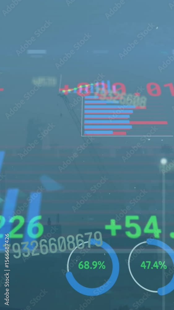 Aufkleber animation of statistical and stock market data processing against aerial view of cityscape