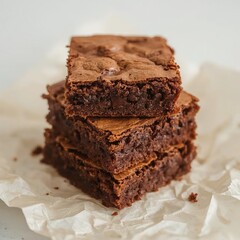 Homemade Fudgy Brownies Triple Stack with Cracked Surface and Soft Blurred Background