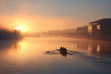 Rower Rowers Training at Sunrise on a Misty River