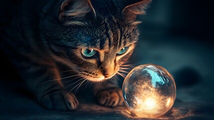 A witch’s familiar cat with glowing eyes staring at a glowing crystal ball