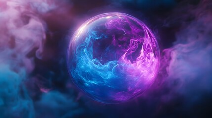 A mystical crystal ball glowing with swirling blue and purple mist inside