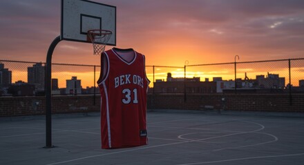 Basketball jersey floating on rooftop court during a fiery sunset with cityscape