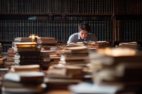Many Focused student studying books in a quiet historic library.