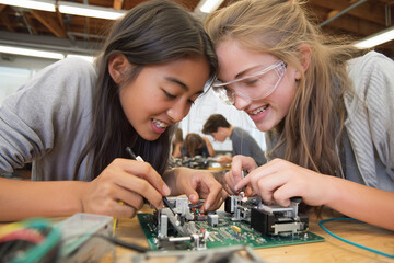 Robot Girls building arm, soldering in high school STEM class