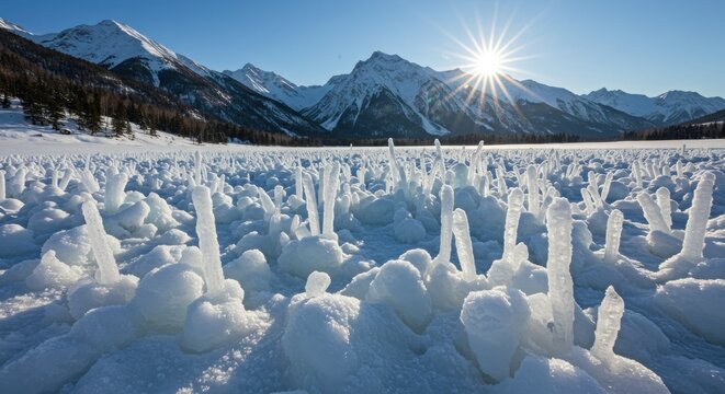 Majestic Alpine landscape shimmering frozen lake ice formations under a radiant sun