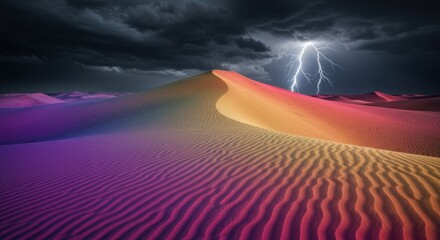 Dramatic desert landscape with vibrant sand dunes and a striking lightning storm over the horizon