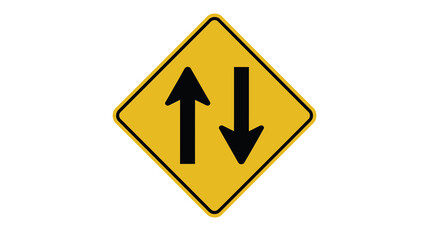 A yellow road sign warns of two way traffic with a diamond shape and black directional arrows pointing up and down on transparent background.