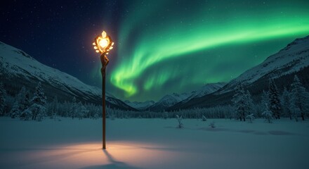 Enchanted staff glows beneath ethereal aurora borealis in a snowy mountain valley