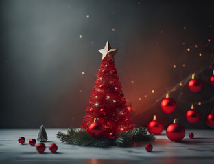 AI-generated Christmas background featuring a red Christmas tree decorated with red ornaments. The entire scene is set in warm red tones, creating a festive and stylish holiday atmosphere