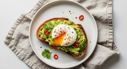 Avocado Toast with Poached Egg and Chili Flakes on White Plate.