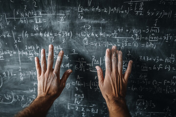 Complex Math Problem on Chalkboard, Professor's Hands