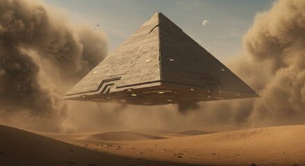 Monumental fusion: A pyramidal spacecraft soars above desolate desert dunescapes landscape